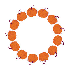 Pumpkins circle frame. Minimalistic Fall wreath. Harvest festival and Thanksgiving theme. Simple Autumn vegetables round border. Hand drawn flat design vector illustration.
