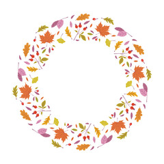 Beautiful wreath of Autumn plants. Decorative circle frame with various leaves and berries. Fall plants round border. Hand drawn flat design vector illustration.