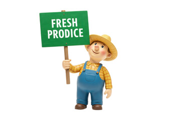 Cartoon farmer holding a fresh produce sign isolated PNG, cheerful character in overalls with a straw hat for agriculture and farming themes