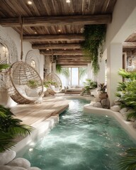 A spacious indoor pool area boasts a serene ambiance, featuring natural wood beams, hanging wicker chairs, and lush greenery.