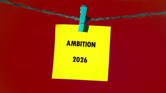 Yellow notes with the word AMBITION written on them hang from a string. The target completion date is 2026, and the goal is 70%