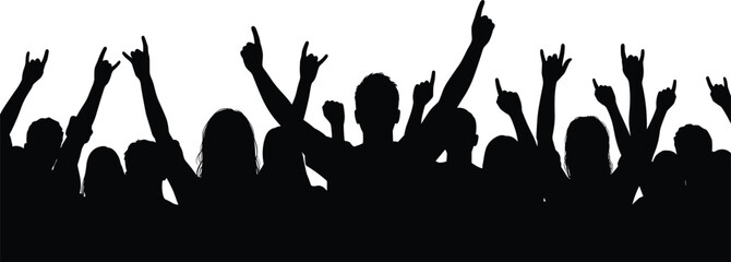 Concert crowd silhouette vector, cheering audience illustration, music festival fans, party celebration, rock concert people, live event design