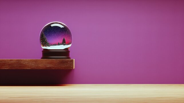 Snow Globe on Shelf Features a Winter Scene With a Purple Background and Snow Effect - Powered by Adobe