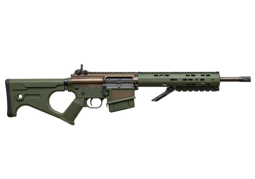 Green AR-10 rifle isolated, modern sporting rifle with bipod and magazine for hunting, target shooting and tactical applications