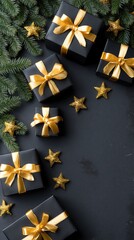 A beautiful display of black gift boxes with shiny golden ribbons sits among festive greenery and sparkling stars during the holiday season