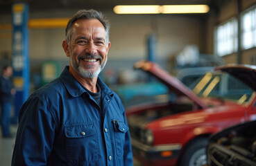Obraz na płótnie Canvas Smiling middle aged Mexican mechanic posing at auto shop. Man wears work uniform. Happy male person works at vehicle service center. Mechanic shows confidence. Auto repair occupation.