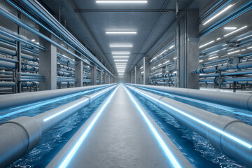 Obraz premium Industrial pipes with blue light in a long hallway.