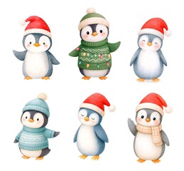 Cute Watercolor Christmas Penguins – Holiday Birds with Sweaters and Santa Hats Clipart