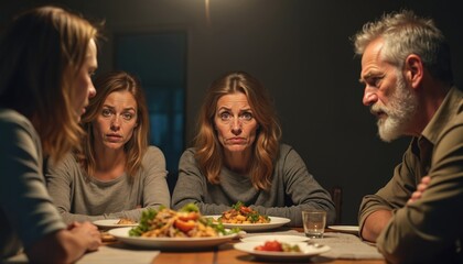 Family members tense dinner at home. Parents, adult children sit silently at table with untouched food. Emotional conflict, sadness, distress visible on faces. Serious discussion argument creates