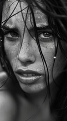 Elegant black and white portrait with red lips on dark background