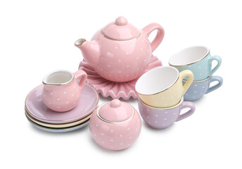 Beautiful tea set isolated on white. Child's toy