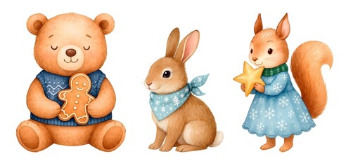 Obraz premium Cute Watercolor Christmas Bear, Bunny and Squirrel – Holiday Woodland Animals Clipart