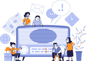 Retro radio and people listening to news and communication.