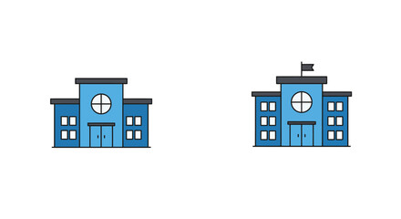 Simple cartoon illustration of two blue school buildings with flags