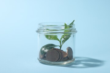 Glass jar with coins and sprout on light blue background, closeup
