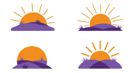 Four stylized illustrations of orange sunrises over purple rolling hills