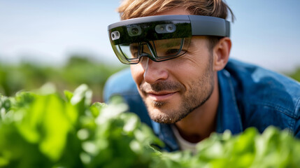 A farmer using an AR headset to monitor crops in a field, showcasing modern farming, farmer AR technology, augmented reality farming, modern agriculture tools, precision farming sc