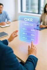 Business meeting on okr strategy implementation office digital presentation modern workspace professional performance metrics