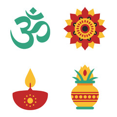 Indian cultural and religious symbols, including Om, a flower, a diya lamp, and a kalash pot.