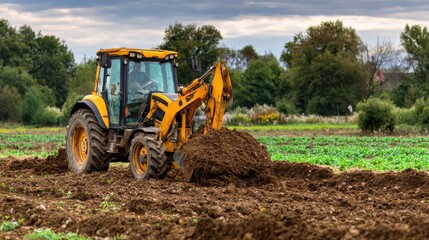 Stunning photo of yellow backhoe digging soil on a farm field under a cloudy sky.