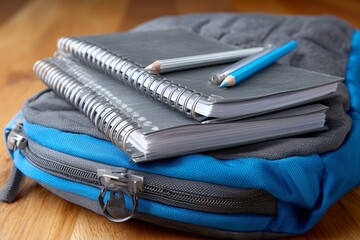 Grey spiral notebooks and pencils neatly arranged on blue grey school backpack surface.