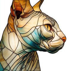 A stained glass depiction of a sphinx cat's profile, showcasing intricate designs and vibrant hues.