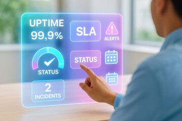 Monitoring system status and uptime alerts in a business environment interactive digital display corporate office close-up view