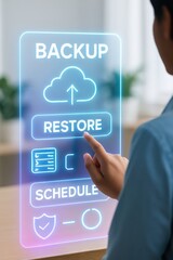 Digital backup and restore action modern office technology interface interactive environment user perspective data management solutions