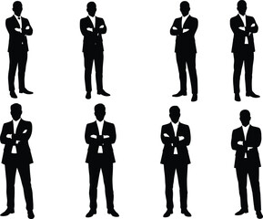 Businessman silhouette vector illustration set of confident professionals standing with crossed arms in suit, leadership, corporate identity and teamwork concept.
