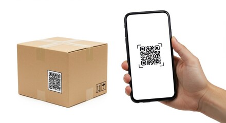 Scanning qr code on cardboard box with smartphone for tracking and delivery service use case