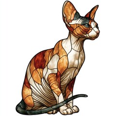 A captivating depiction of a sphinx cat, rendered in the style of stained glass, showcasing a rich array of warm colors and intricate patterns.