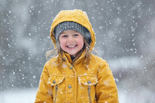 A funny preschooler child in a yellow winter coat admires the snowfall in the winter park. Funny girl catches snowflakes with her tongue