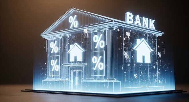 A holographic representation of a bank building with financial symbols.