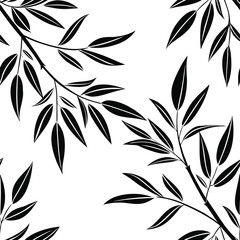 Black Bamboo Branches with Leaves Seamless Pattern