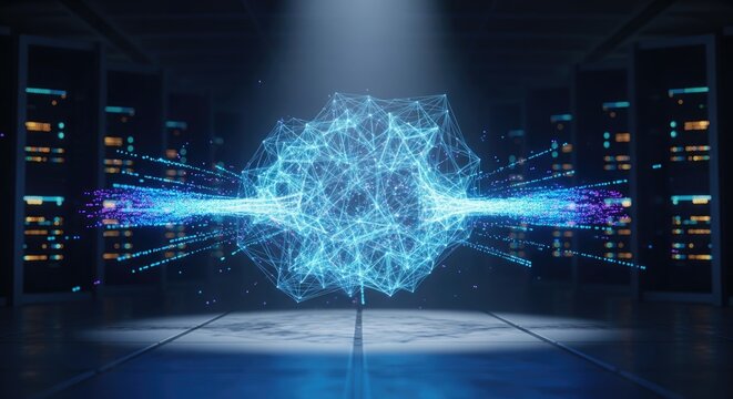 Futuristic data visualization showcasing dynamic network interaction and connectivity.