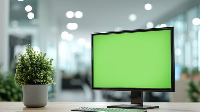 Blank Green Screen Open Laptop. Laptop computer on blur office background. Front View Modern Monitor. Mockup for text. Device display mock-up template for keying. Planning, search, tech. Chrome key