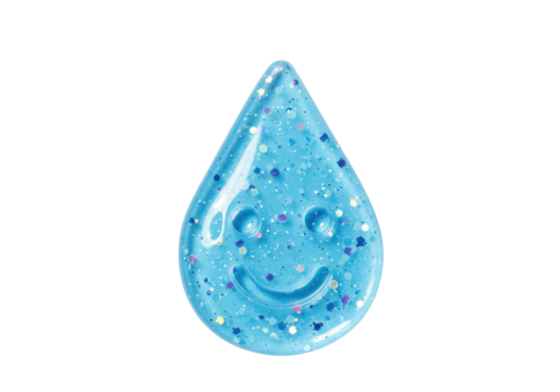 Blue glitter water drop with smiley face isolated PNG, cute liquid shape for kids design and decoration on transparent background
