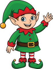 Cartoon Christmas elf character illustration, festive holiday mascot in green costume with hat and bells, cad drawing flat vector illustration
