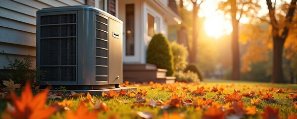 Air source heat pump stands outside house on lawn with leaves. Autumn season sun shines on eco friendly home climate control system. Home improvement concept for comfort life.