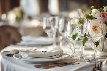 Fototapeta premium Table setting in an expensive restaurant, dishes in close-up. Side view.