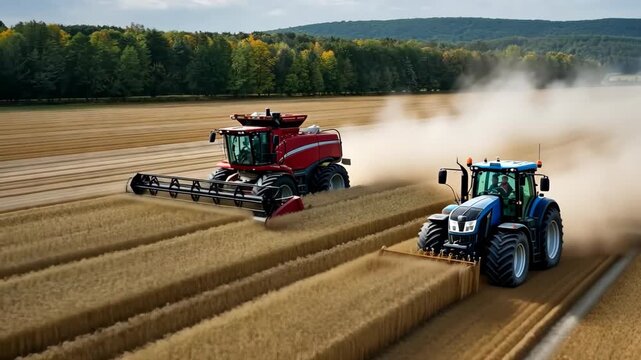 Harvest time in the countryside as two tractors work together to reap golden wheat fields under a clear sky