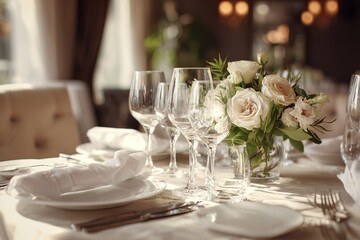 Table setting in an expensive restaurant, dishes in close-up. Side view.