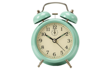 Mint green retro alarm clock isolated on transparent background, vintage style timepiece for time management and decoration