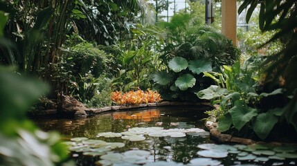 Serene Tropical Garden Oasis: Lush Greenery, Tranquil Pond, and Vibrant Blooms