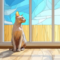 A light-beige sphinx cat gazes thoughtfully through a brightly colored windowpane, highlighting the warm hues of the interior setting.