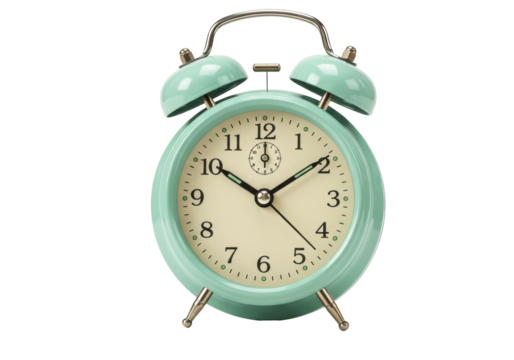 Mint green retro alarm clock isolated on transparent background, vintage style timepiece for time management and decoration - Powered by Adobe