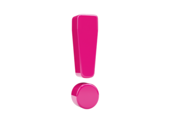 Magenta exclamation mark isolated PNG on transparent background, 3D rendering of punctuation symbol for graphic design and attention