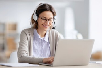 Happy support specialist woman wearing headset with microphone, providing excellent customer service, typing on laptop in a modern office, engaged in remote work or online meeting.