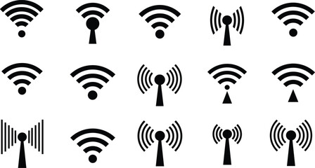 Wireless signal icons set, wifi connection symbols, internet network signs, communication technology vector, router antenna, mobile signal design