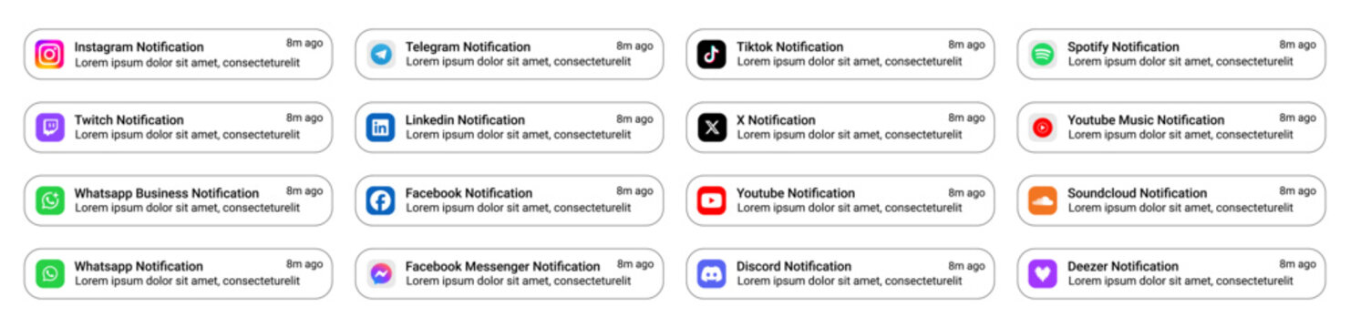 Light mode iOS notification banners mockup with Instagram, Facebook, Twitter X, TikTok, YouTube, LinkedIn, WhatsApp, Telegram, Messenger, Spotify, SoundCloud, Deezer, Twitch, Discord